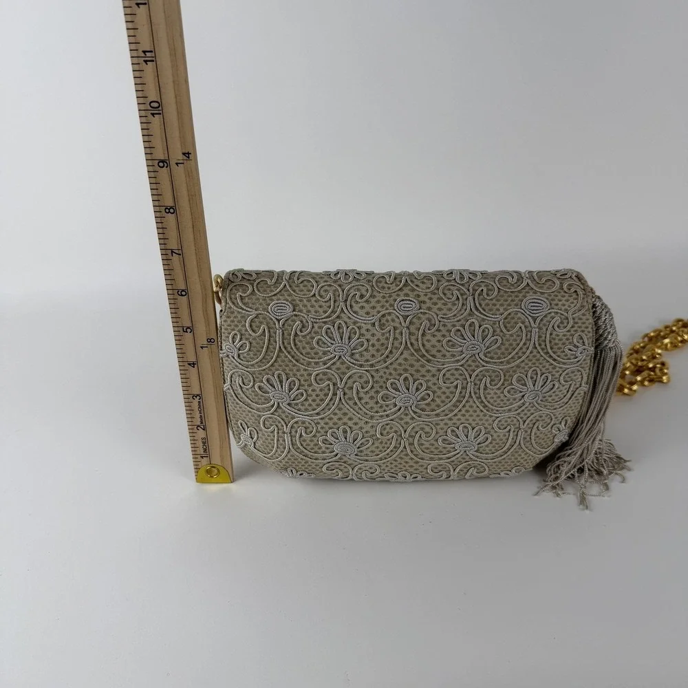 Vintage Judith Leiber Clutch Bag Womens Beige Reptile Leather Chain Tassel Italy